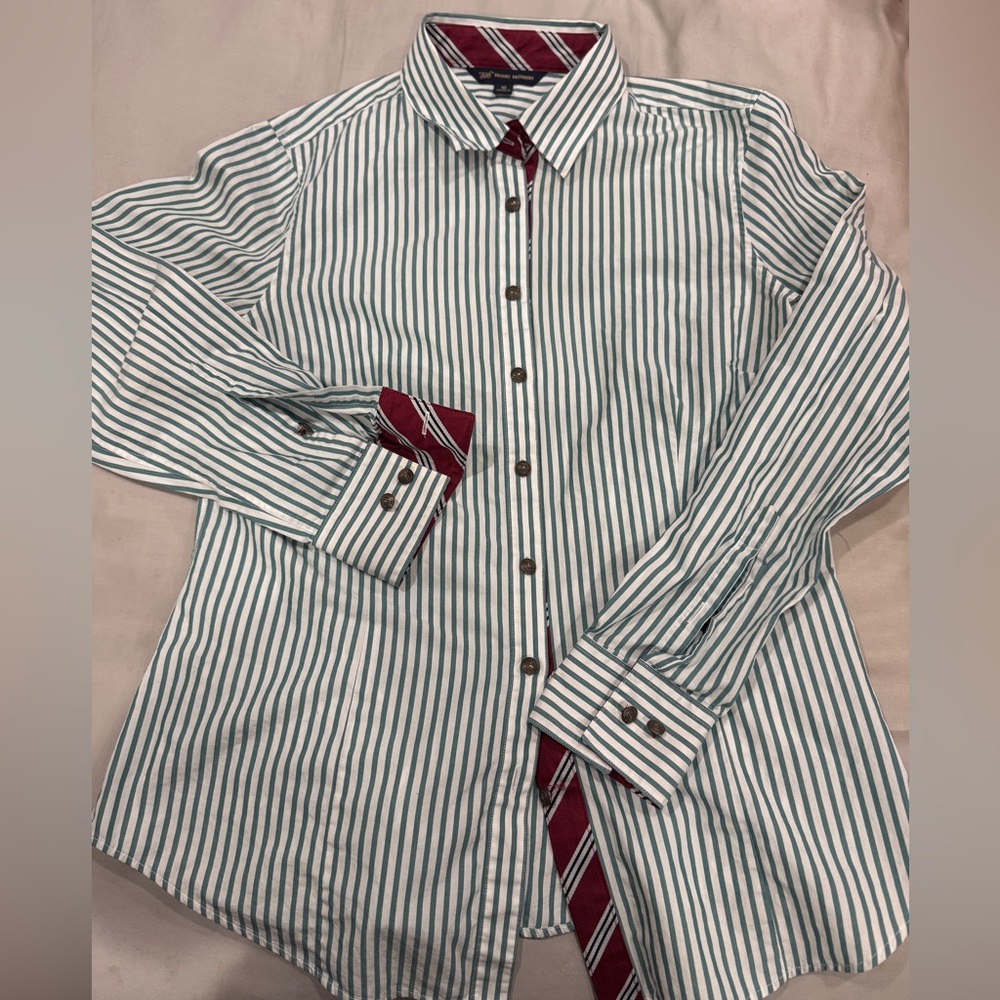 Brooks Brothers White and Green Striped Button-Down Shirt with Red Accents